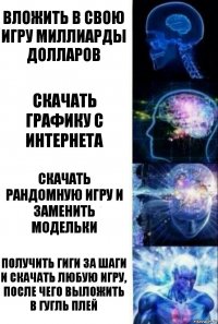 вложить в свою игру миллиарды долларов скачать графику с интернета скачать рандомную игру и заменить модельки получить гиги за шаги и скачать любую игру, после чего выложить в гугль плей