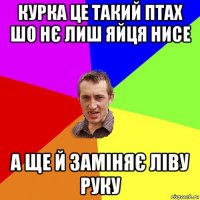 курка це такий птах шо нє лиш яйця нисе а ще й заміняє ліву руку