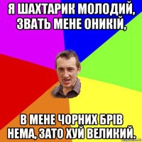 я шахтарик молодий, звать мене оникій, в мене чорних брів нема, зато хуй великий.