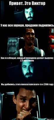 Привет. Это Виктор У нас все хорошо, продажи поднялись Как я и обещал, каждый менеджер делает выручку 2,5 миллиона Мы добились этого показателя всего-то к 2506 году