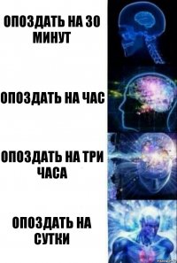 Опоздать на 30 минут Опоздать на час Опоздать на три часа Опоздать на сутки