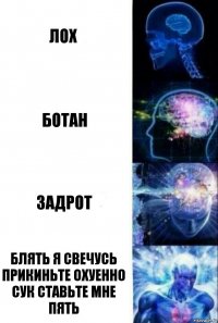 Лох Ботан Задрот БЛЯТЬ Я СВЕЧУСЬ ПРИКИНЬТЕ ОХУЕННО СУК СТАВЬТЕ МНЕ ПЯТЬ