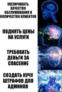 Увеличивать качество обслуживания и количество клиентов Поднять цены на услуги Требовать деньги за спасение Создать кучу штрафов для админов