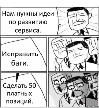 Нам нужны идеи по развитию сервиса. Исправить баги. Сделать 50 платных позиций.