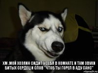 ХМ .МОЙ ХОЗЯИН СИДИТ У СЕБЯ В КОМНАТЕ И ТАМ ЗВУКИ БИТЫХ СЕРДЕЦ И СЛОВ "ЧТОБ ТЫ ГОРЕЛ В АДУ САНС"