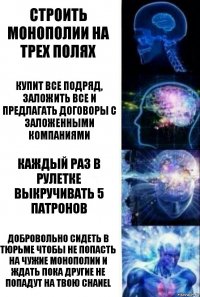 строить монополии на трех полях купит все подряд, заложить все и предлагать договоры с заложенными компаниями каждый раз в рулетке выкручивать 5 патронов добровольно сидеть в тюрьме чтобы не попасть на чужие монополии и ждать пока другие не попадут на твою chanel