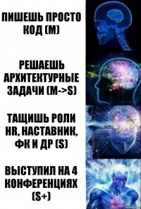 пишешь просто код (M) решаешь архитектурные задачи (M->S) тащишь роли hr, наставник, ФК и др (S) выступил на 4 конференциях (S+)