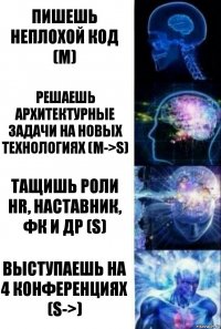 пишешь неплохой код (M) решаешь архитектурные задачи на новых технологиях (M->S) тащишь роли hr, наставник, ФК и др (S) выступаешь на 4 конференциях (S->)