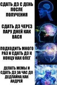 Сдать ДЗ с день после получения Сдать ДЗ через пару дней как Вася Подходить много раз и сдать ДЗ к концу как Олег Делать мемы и сдать ДЗ за час до дедлайна как Андрей