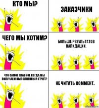 Кто мы? Заказчики Чего мы хотим? Больше результатов валидации. Что самое главное когда мы получаем выполненный отчет? Не ЧИТАТЬ КОММЕНт.