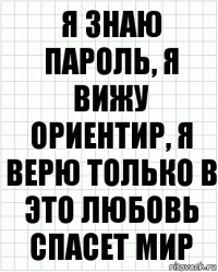 я знаю пароль, я вижу ориентир, я верю только в это любовь спасет мир