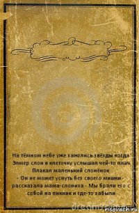  На тёмном небе уже зажглись звёзды когда Элмер слон в клеточку услышал чей-то плач Плакал маленький слонёнок
- Он не может уснуть без своего мишки - рассказала мама-слониха - Мы брали его с собой на пикник и где-то забыли