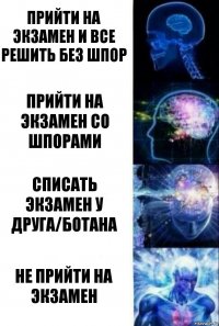 Прийти на экзамен и все решить без шпор Прийти на экзамен со шпорами Списать экзамен у друга/ботана Не прийти на экзамен