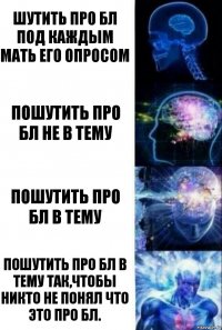 Шутить про БЛ под каждым мать его опросом Пошутить про БЛ не в тему Пошутить про БЛ в тему Пошутить про БЛ в тему так,чтобы никто не понял что это про БЛ.