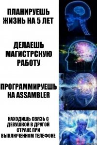 Планируешь жизнь на 5 лет Делаешь магистрскую работу Программируешь на Assambler Находишь связь с девушкой в другой стране при выключенном телефоне