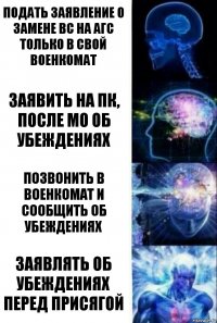 Подать заявление о замене вс на агс только в свой военкомат Заявить на ПК, после МО об убеждениях позвонить в военкомат и сообщить об убеждениях заявлять об убеждениях перед присягой