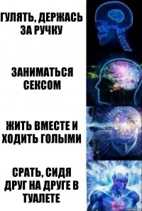 гулять, держась за ручку заниматься сексом жить вместе и ходить голыми срать, сидя друг на друге в туалете