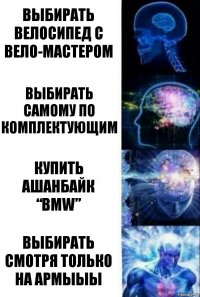 Выбирать велосипед с вело-мастером Выбирать самому по комплектующим Купить ашанбайк “BMW” Выбирать смотря только на АРМЫЫЫ