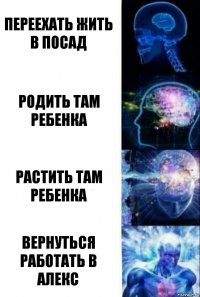 Переехать жить в посад Родить там ребенка Растить там ребенка Вернуться работать в алекс