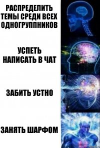 Распределить темы среди всех одногруппников Успеть написать в чат Забить устно Занять шарфом