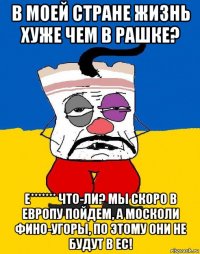 в моей стране жизнь хуже чем в рашке? е******* что-ли? мы скоро в европу пойдем, а москоли фино-угоры, по этому они не будут в ес!