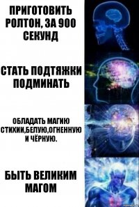 Приготовить ролтон, за 900 секунд Стать подтяжки подминать Обладать магию стихии,белую,огненную и чёрную. Быть великим магом