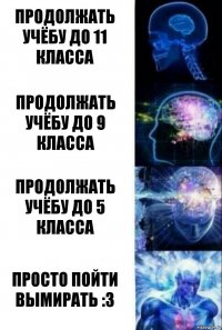 Продолжать учёбу до 11 класса Продолжать учёбу до 9 класса Продолжать учёбу до 5 класса Просто пойти вымирать :3