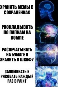 хранить мемы в сохраненках раскладывать по папкам на компе распечатывать на бумаге и хранить в шкафу запоминать и рисовать каждый раз в paint