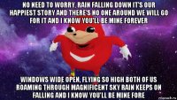 no need to worry, rain falling down it's our happiest story and there's no one around we will go for it and i know you'll be mine forever windows wide open, flying so high both of us roaming through magnificent sky rain keeps on falling and i know you'll be mine fore