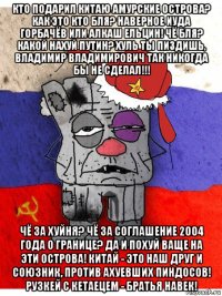 кто подарил китаю амурские острова? как это кто бля? наверное иуда горбачёв или алкаш ельцин! чё бля? какой нахуй путин? хуль ты пиздишь, владимир владимирович так никогда бы не сделал!!! чё за хуйня? чё за соглашение 2004 года о границе? да и похуй ваще на эти острова! китай - это наш друг и союзник, против ахуевших пиндосов! рузкей с кетаецем - братья навек!