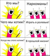 Кто мы? Наркоманы! Чего мы хотим? Играть в ролевые! Когда мы этого хотим? В прошлой жизни!