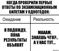 Когда проверили первые ответы по экзаменационным билетам у одногодок: Я подожду, пока результаты объявят Мааам, знаешь что?.. А у нас тут...