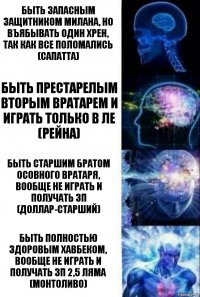 Быть запасным защитником Милана, но въябывать один хрен, так как все поломались (Сапатта) Быть престарелым вторым вратарем и играть только в ЛЕ (Рейна) Быть старшим братом осовного вратаря, вообще не играть и получать ЗП (Доллар-старший) Быть полностью здоровым хавбеком, вообще не играть и получать ЗП 2,5 ляма (Монтоливо)