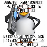 алла вы не заплатиле мне за вчерашний ужин на лодке в индии если завтро на мой счёт не поступит 10 тысяч рубле то я вас в суд поведу