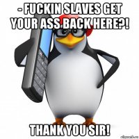 - fuckin slaves get your ass back here?! thank you sir!