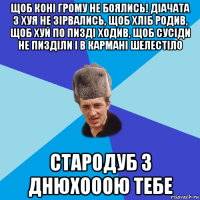 щоб коні грому не боялись! діачата з хуя не зірвались, щоб хліб родив, щоб хуй по пизді ходив, щоб сусіди не пизділи і в кармані шелестіло стародуб з днюхооою тебе