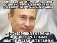 помню был я ещё лейтенантом. просыпаюсь утром с бодуна, а между зубов малиновое зёрнышко. "откуда, - думаю, малина зимой?" а потом вспомнил: я ж у полкана отсосал, который отъебал адъютанта, сожравшего его варенье