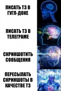 Писать ТЗ в гугл-доке Писать ТЗ в телеграме Скриншотить сообщения Пересылать скриншоты в качестве ТЗ