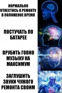 Нормально отнестись к ремонту в положеное время Постучать по батарее Врубить говно музыку на максимум Заглушить звуки чужого ремонта своим