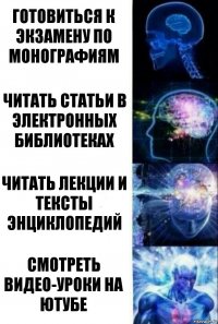 Готовиться к экзамену по монографиям Читать статьи в электронных библиотеках Читать лекции и тексты энциклопедий Смотреть видео-уроки на ютубе