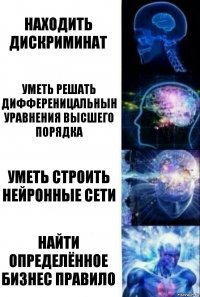 Находить дискриминат Уметь решать дифференицальнын уравнения высшего порядка Уметь строить нейронные сети Найти определённое бизнес правило