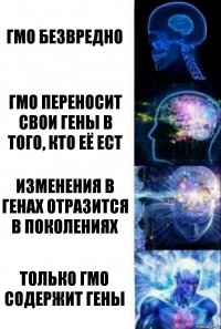 ГМО безвредно ГМО переносит свои гены в того, кто её ест изменения в генах отразится в поколениях только гмо содержит гены