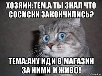 хозяин:тем,а ты знал что сосиски закончились? тема:ану иди в магазин за ними и живо!