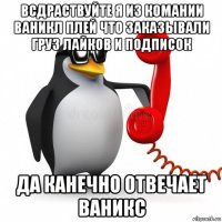 всдраствуйте я из комании ваникл плей что заказывали груз лайков и подписок да канечно отвечает ваникс