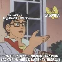 Ты который поднимаешь штангу Бабочка -Ха, шо ты мне сделаешь? *бабочка садится на конец штанги и ты падаешь*