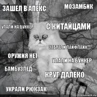 Зашел в апекс Упали на бункер С китайцами Украли рюкзак Оружия нет Мозамбик Круг далеко Упали на бункер Бамбузлед Забрали Лайфлайн