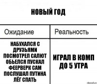 новый год набухался с друзьями посмотрел салют обьелся пускал феерверк сам послушал путина лёг спать играл в комп до 5 утра