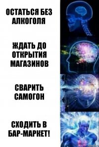 Остаться без алкоголя Ждать до открытия магазинов Сварить самогон Сходить в БАР-Маркет!