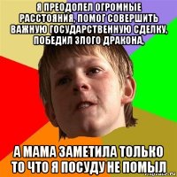 я преодолел огромные расстояния, помог совершить важную государственную сделку, победил злого дракона, а мама заметила только то что я посуду не помыл