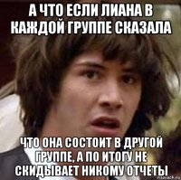 а что если лиана в каждой группе сказала что она состоит в другой группе, а по итогу не скидывает никому отчеты